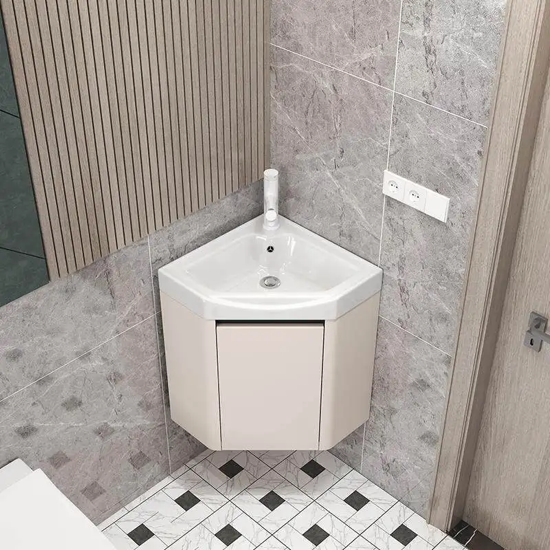 

Настенный угловой шкаф для ванной комнаты для небольших квартир, кремового цвета, с интегрированной керамической раковиной-умывальником.