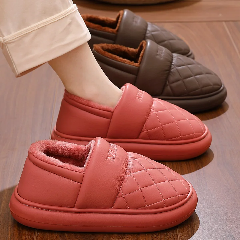 Warm Winter House Slippers For Men Women Waterproof PU Leather Fuzzy Lining Cotton Shoes Soft Thick Sole Indoor Bedroom Booties