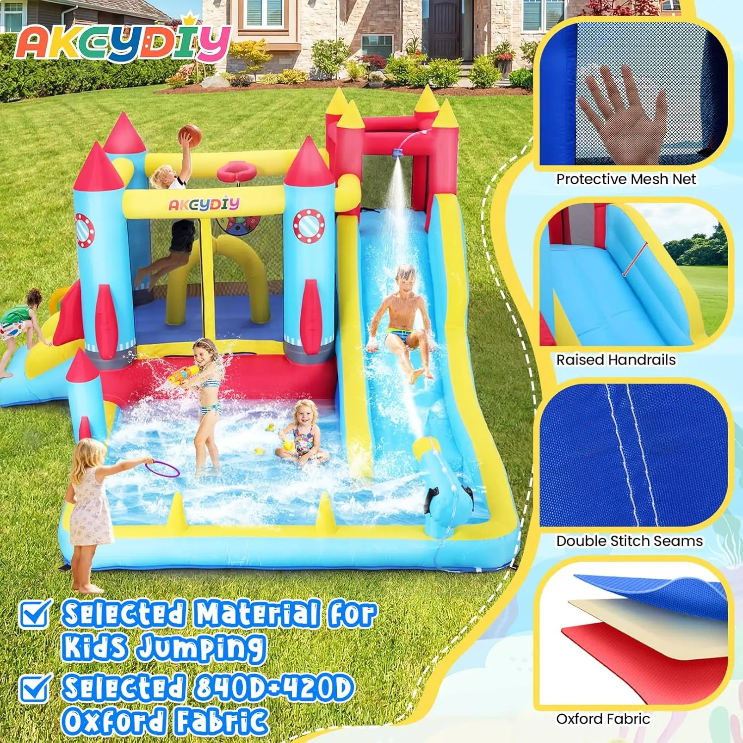 12-in-1 Inflatable Bounce House with Dual Water Slide, Climbing Wall, Punching Bag, Water Gun, Basketball Hoop, and 480W Blower, Indoor Outdoor Jump House for Kids view 5