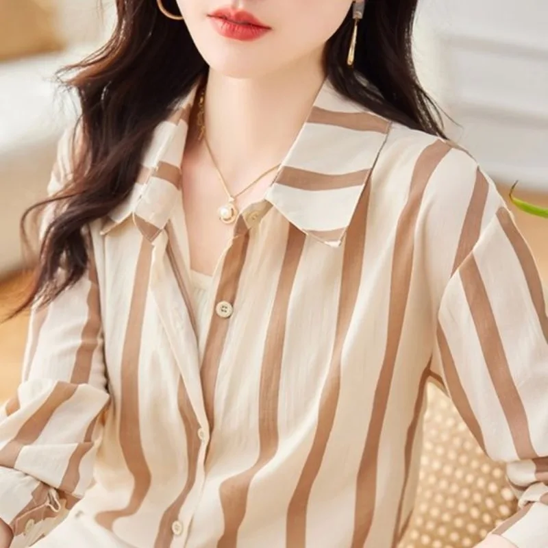 Women\'s Summer 2024 New Patchwork Turndown Collar Button Stripes Fashion Loose Office Lady All-match Long Sleeved Blouses Shirts