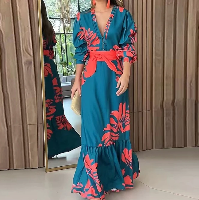 Sexy Elegant Dresses for Wome V-Neck Bohemian Style Printed Long Sleeved Dress New Fashion 2024 Summer Casual Female Clothing