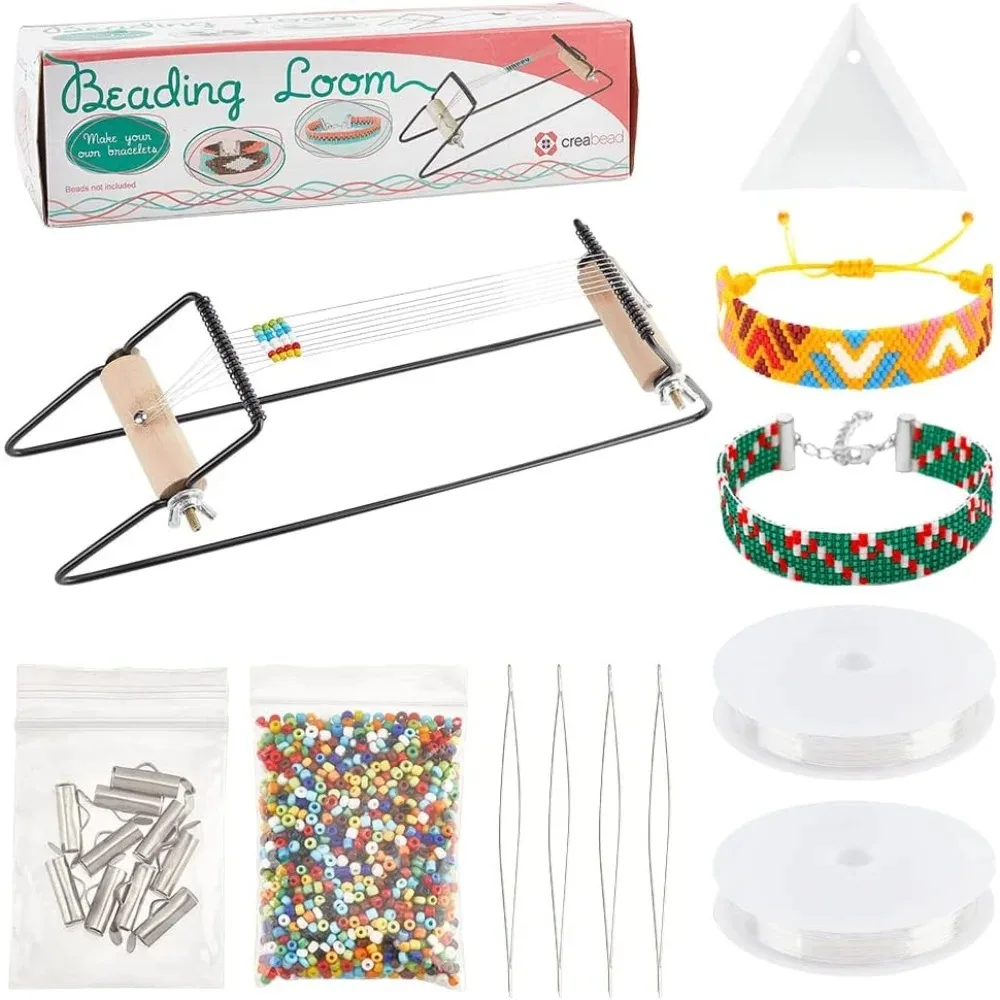 

Metal Bead Loom Kit Including Glass Seed Beads Elastic Thread Beading Needles 304 Stainless Steel Slide On End Clasp Tube