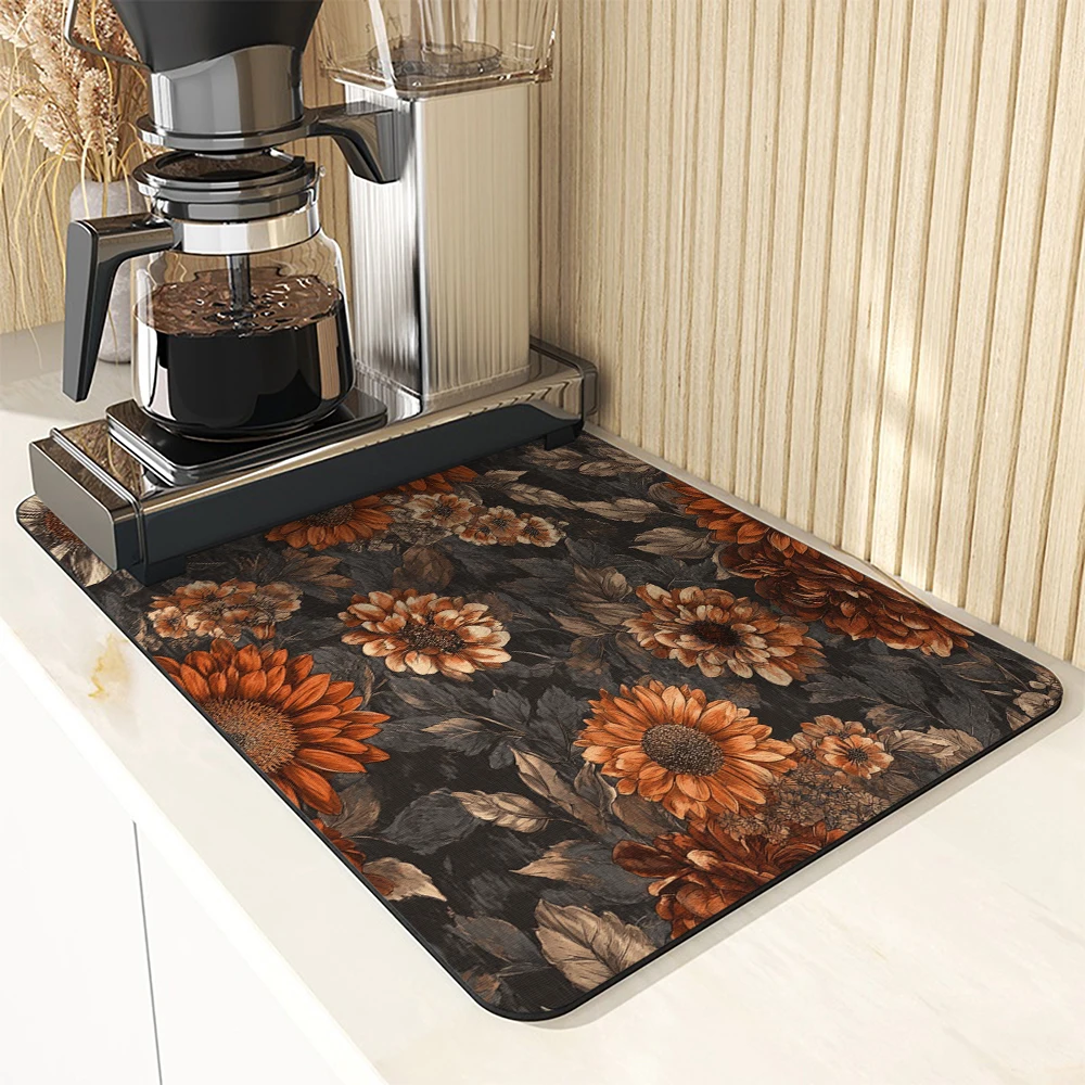 1pc Drying Mat Autumn Plants and Flowers Non-Slip Absorbent Mat Tableware Kitchen Counter Drain Mats Placemats for Table