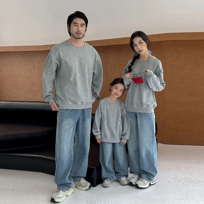 

Autumn Grey Color Sweatshirts for The Whole Family Look Matching Outfit Dad Mom and Son Daughter Same Clothes Korean Clothing