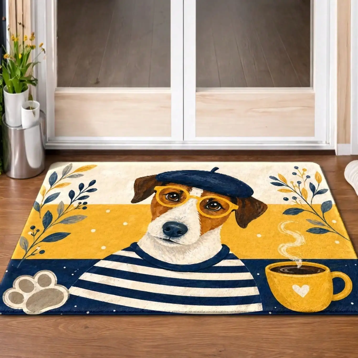 1pc Cute Pup With Hat & Glasses Suitable For Living Room, Bedroom, Kitchen, Bathroom - Machine-Washable Suitable For Front Door, Balcony, Porch, Entryway