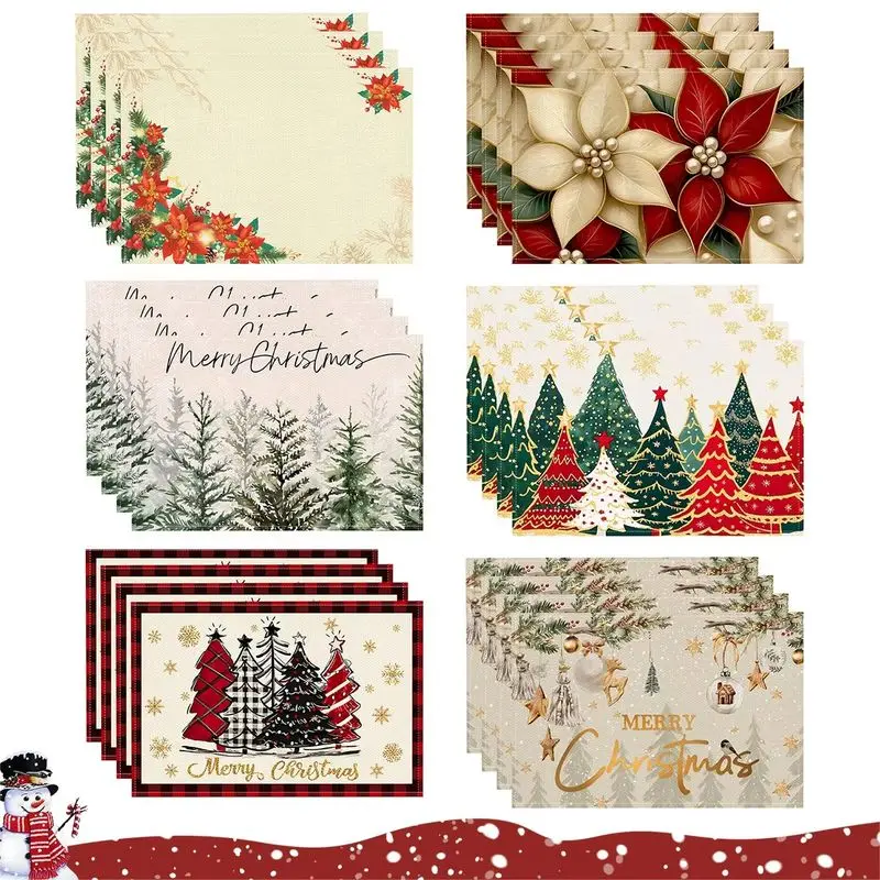 VIKAMA Christmas Placemats Xmas Tree Poinsettia Table Mats for Holiday Kitchen Dining Table Home Decoration