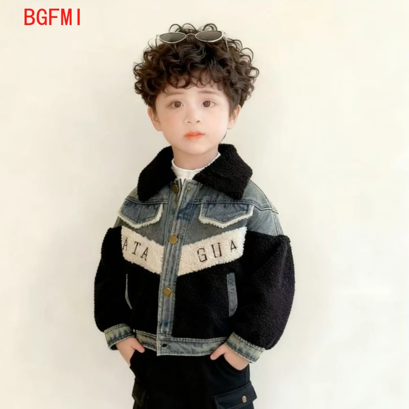 Veste en jean épissé pour enfants, pour l'automne et l'hiver 2025, nouvelle tenue d'hiver épaisse rembourrée en coton pour garçons et filles coréennes à simple boutonnage