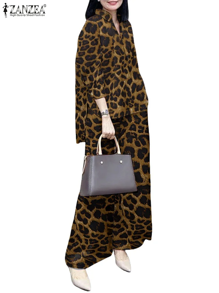 Tuta leopardata autunnale 2025 ZANZEA Set da 2 pezzi da donna alla moda Camicetta a maniche lunghe con risvolto vintage Set di pantaloni a gamba larga Abiti da lavoro