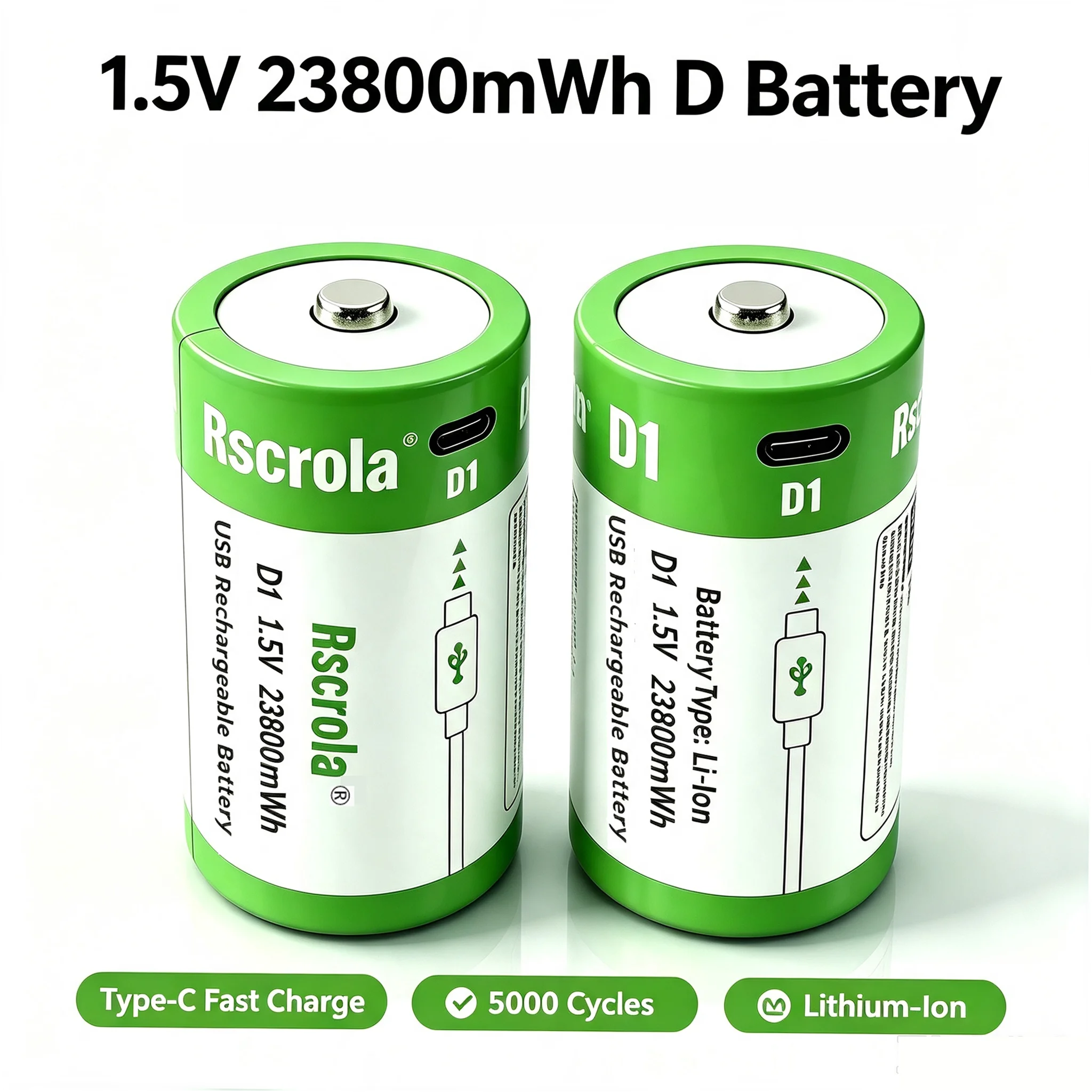 Rechargeable D Battery 1.5V 23800mWh Type-C Fast charging  Polymer Li-ion  D Size Battery 2000 Cycles Long Life +Free Cables