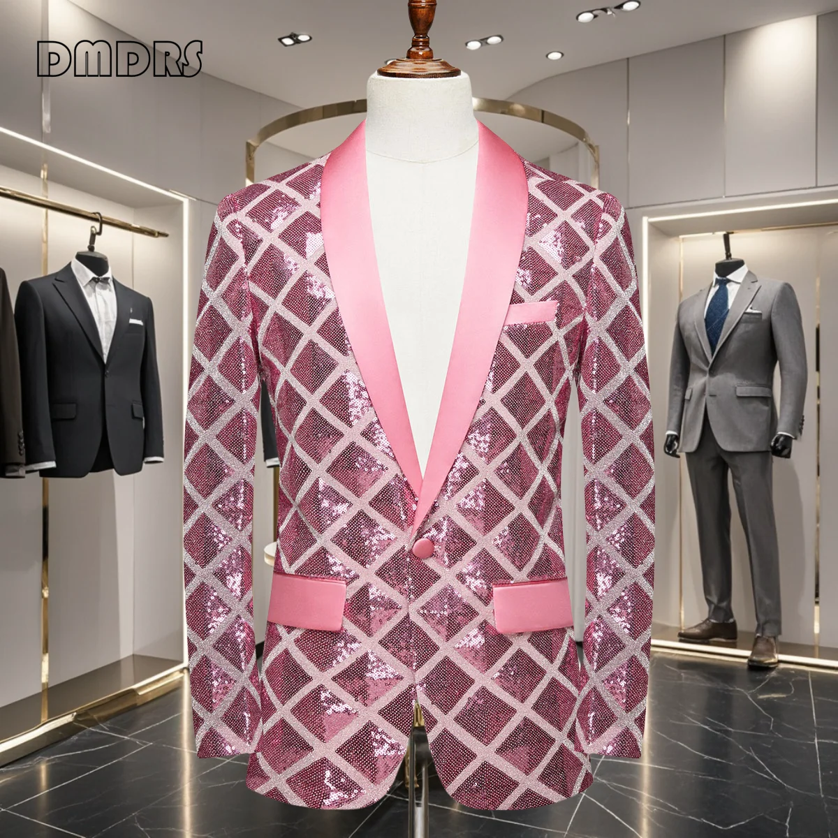 

Costume Plaid Sequined Suit Jacket for Men, Singer Stage Performance Jacket, Real Images XS-3XL One Button Fashion Blazer