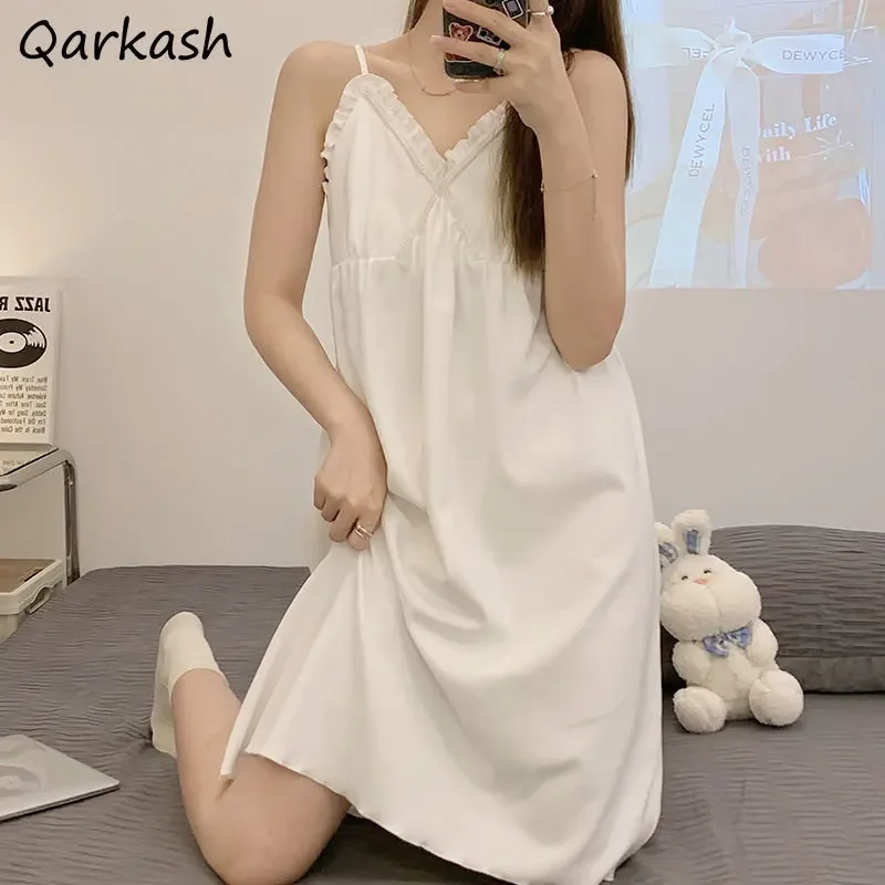 

Nightgowns Women Summer Cute Pure Home Fashion Sleeveless Korean Style Temper College Teens Aesthetic Sleepwear Basic All-match