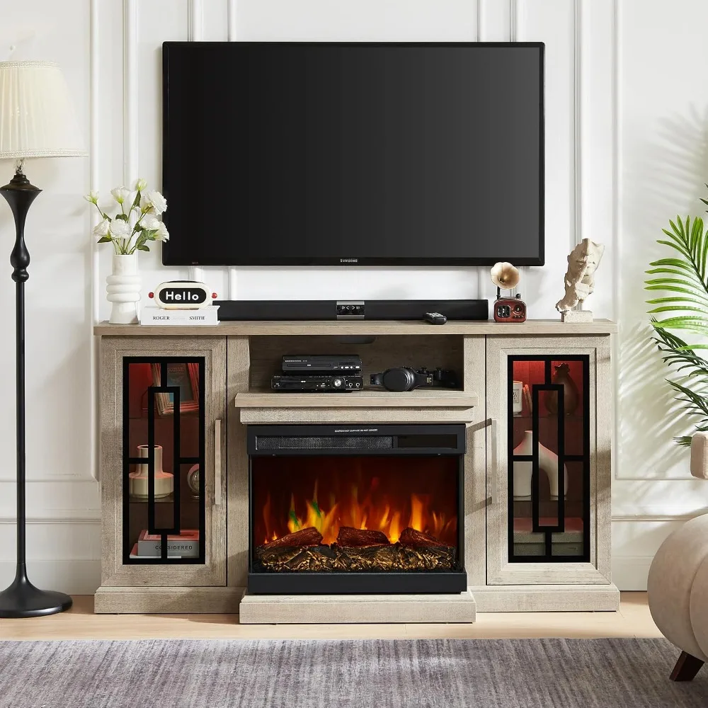 59 Inch LED TV Stand with 3-Side Glass Fireplace, Modern Media Entertainment Center Console Table for TVs up to 65 Inch with Adj