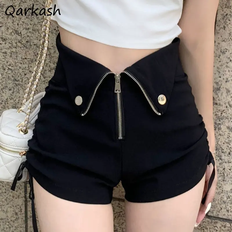 

Shirring High Waisted Shorts Women Aesthetic Zipper Design Summer Basics Vintage Simple Casual Lady Korean Style Ootd 2023 New