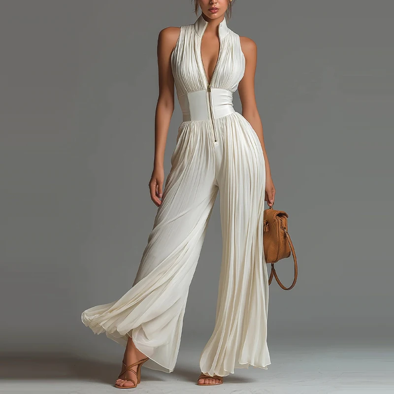 

Stand Collar High Waist Pleat Jumpsuit Fashion Sleeveless Pure Color Slim Commute Rompers Elegant Lady Zipper Wide Leg Playsuits