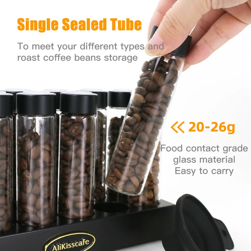 Coffee Beans Storage Container Glass Tube Bottle With Breathable Lid Wooden Display Rack Barista Accessories Coffeware Sets Gift