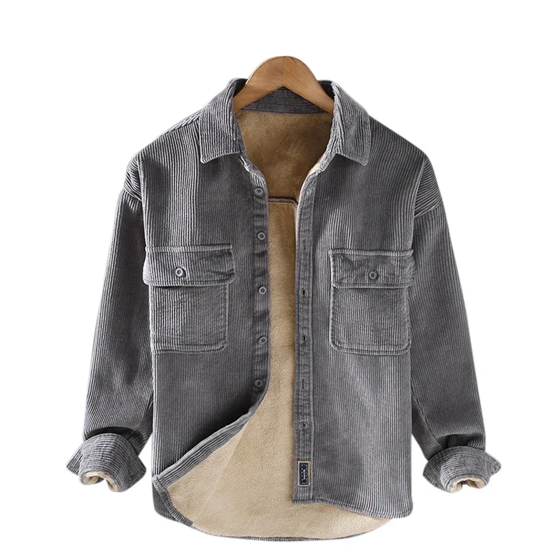 Man Vintage Corduroy Thickening Shirts Autumn Winter Korean Long Sleeve Solid Simple Casual Outdoor Wear Male Loose Blouses image 4