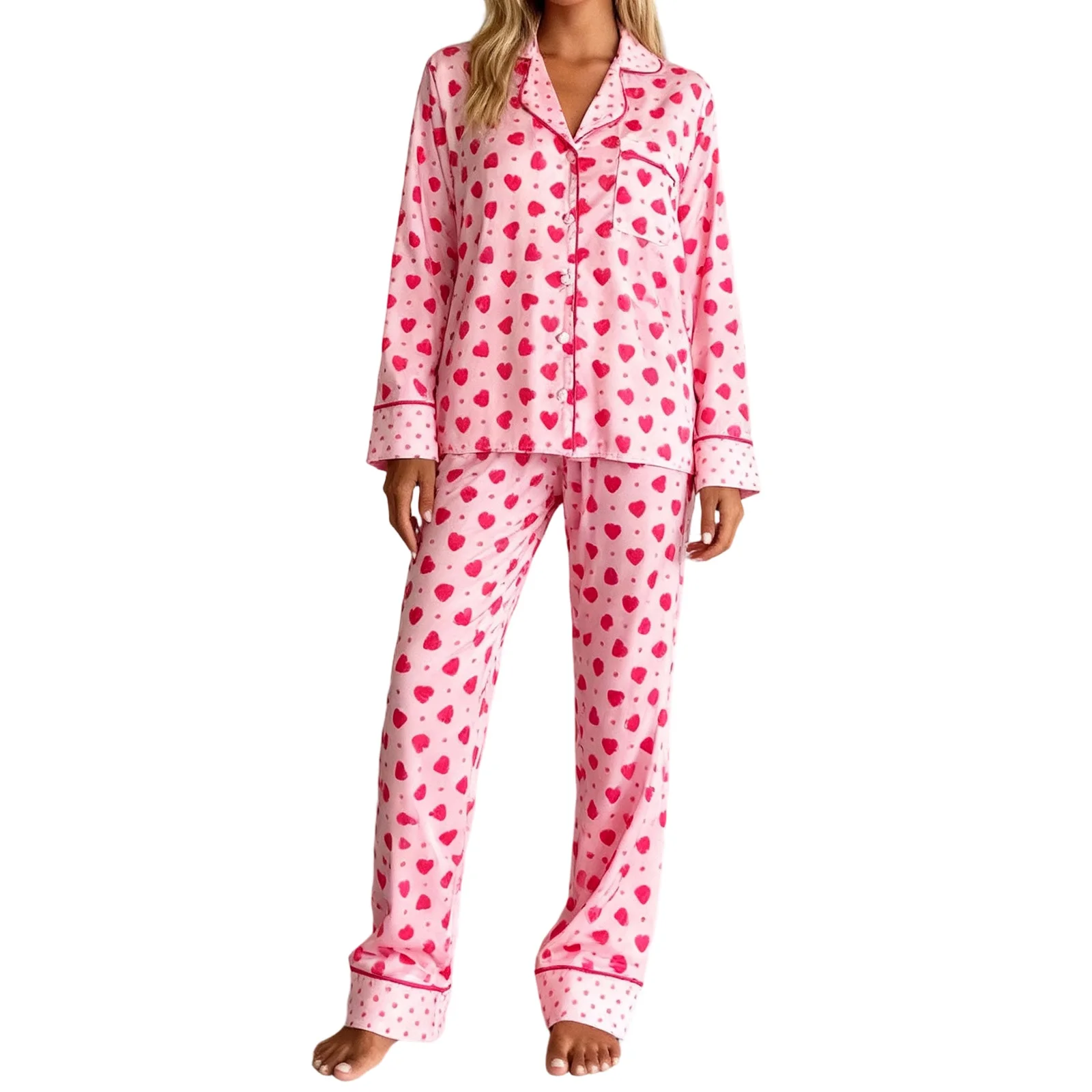 

Women s Valentine s Day Pajamas 2 Piece Outfits Heart Dot Print Long Sleeve Turn Down Collar Tops and Elastic Waist Pants Set