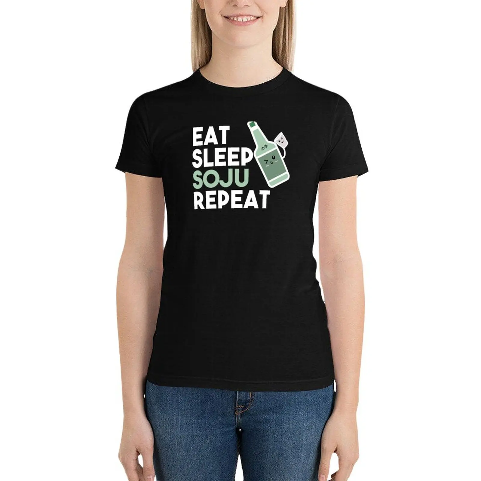 Eat Sleep Soju Repeat Funny Soju Drinking Korean Birthday T-Shirt tops Short sleeve tee tshirts for Women