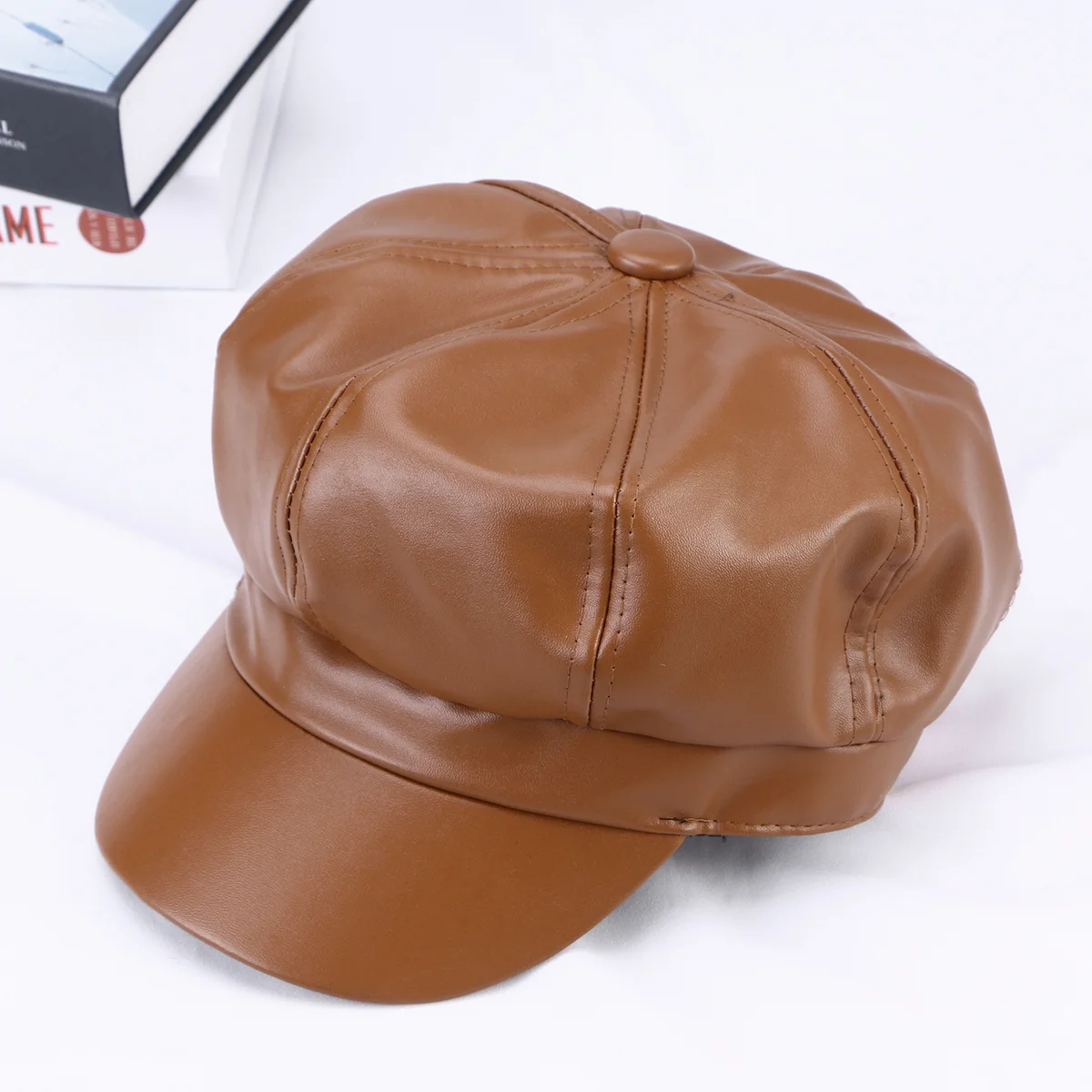 

Retro Octagonal Cap Pu Texture Unisex Beret Stylish Hat For Men Women Winter Summer Fashion Accessory