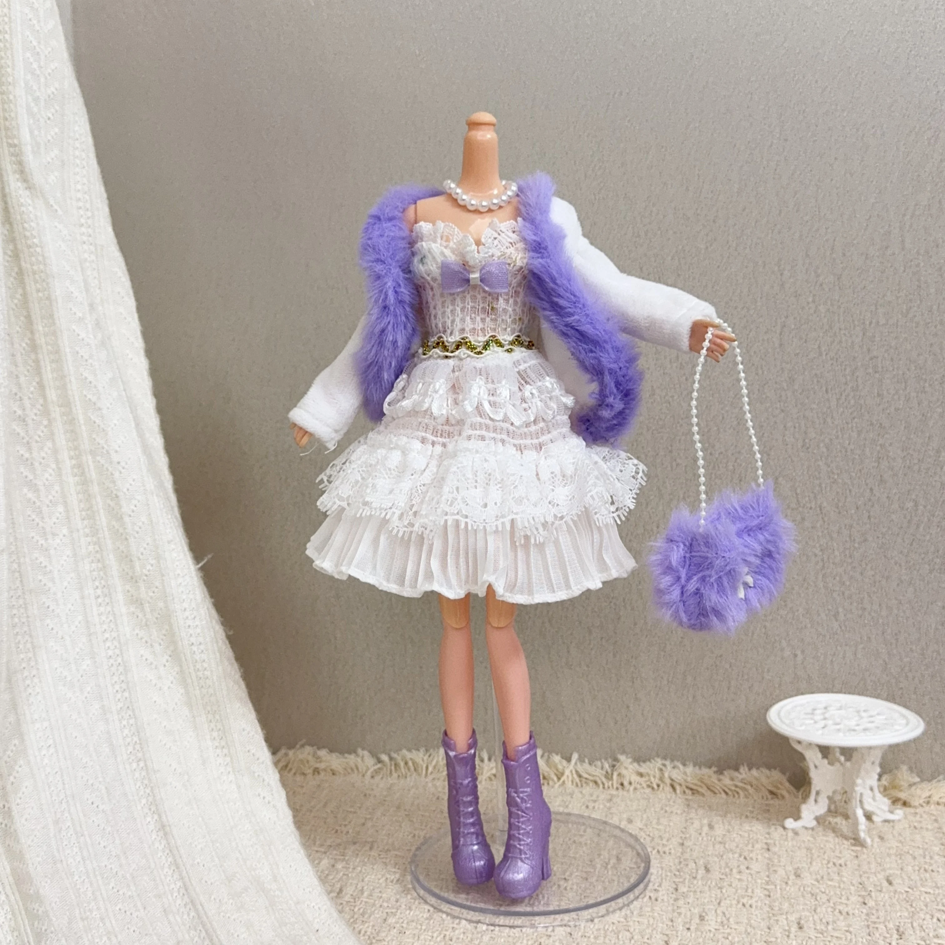 1/6 Doll Clothes Accessories Sweet Lolita Tiered Cake Dress+Coat+Pearl Necklace+Boots For 30cm FR Babi Supermodel Doll Dress Up
