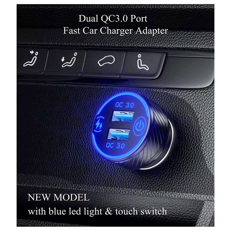 Car Charger, Fast Charge Car Charger Adapter, Dual QC3.0 Ports USB Car Phone Charger With Touch Switch And Blue LED