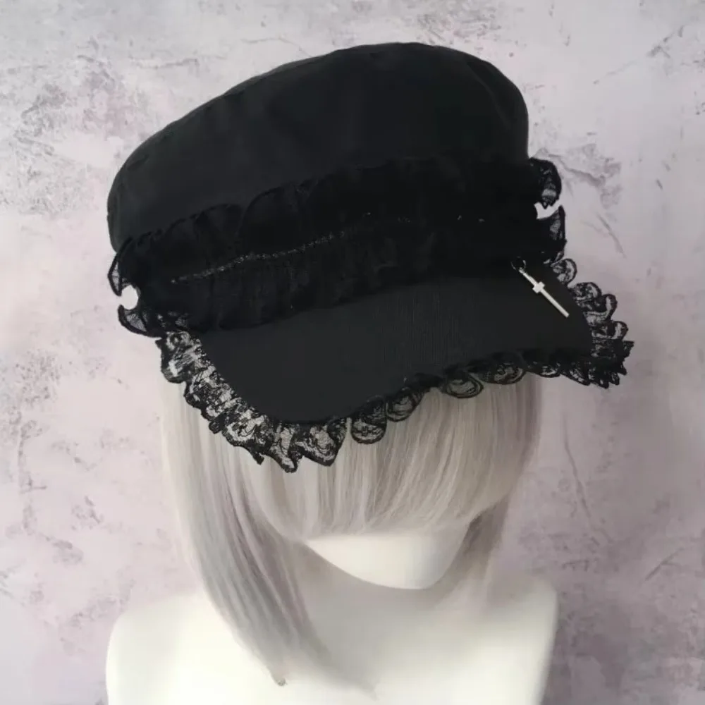 Versatile Double Layer Lace Y2K Hat Girl Cool Black Painter Hat Lace Beret Caps Cotton Dark Design Outdoor Sun Hat Octagonal Cap