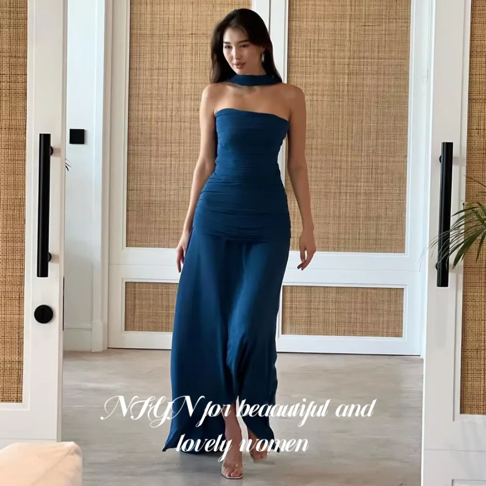 

NFYN Dusty Blue Long Stain Party Dress Mermaid Strapless with Scarf Women Prom Dress Sleeveless Pleats Evening Gown Customized