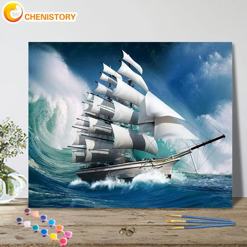 

CHENISTORY Painting By Number White sailboat Scenery Drawing On Canvas HandPainted DIY Picture By Number Kits Home Decor