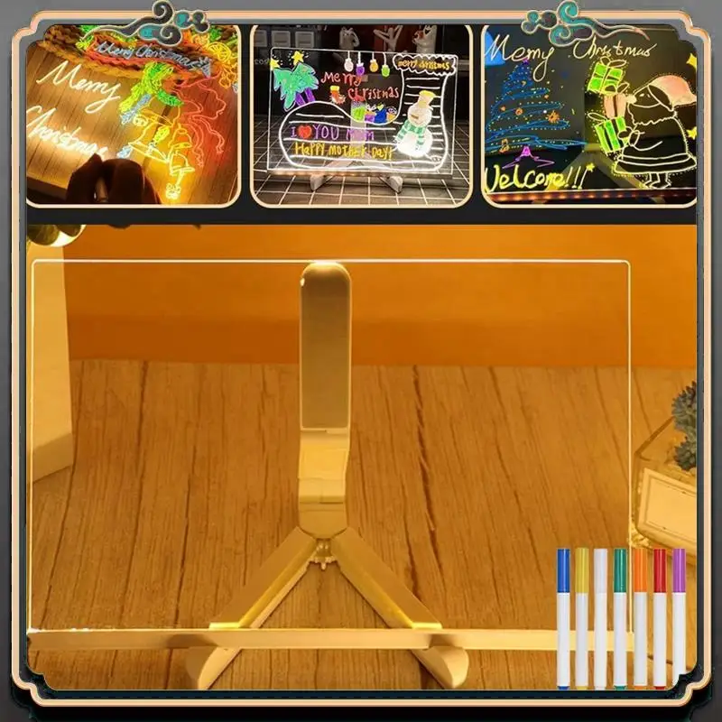 Reliable-2025 LED Color Note Board Acrylic Adjustable Bracket Message Board, 7 Colored Pens, 20X20cm.