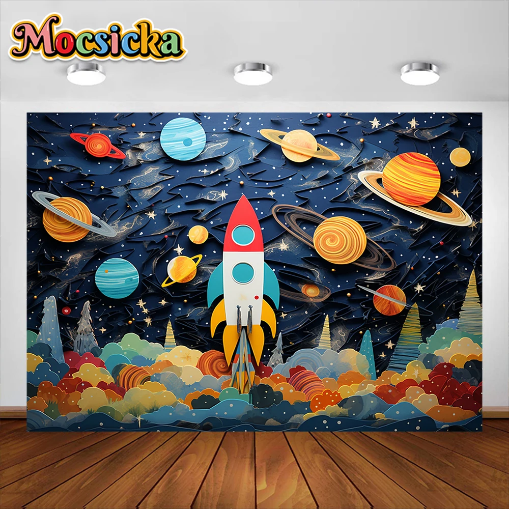 Фотофон Mocsicka Космос Вселенная Галактика Звезды ракета дети день рождения торт разбивать Декор фон фотостудия
