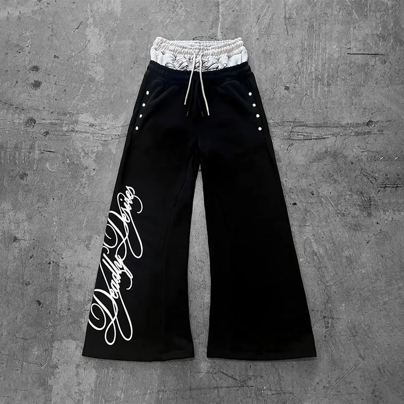 

Y2K Свободные удобные спортивные штаны с белым буквенным принтом и жемчугом с эластичной резинкой на талии, широкие брюки, модная мужская и женская повседневная уличная одежда
