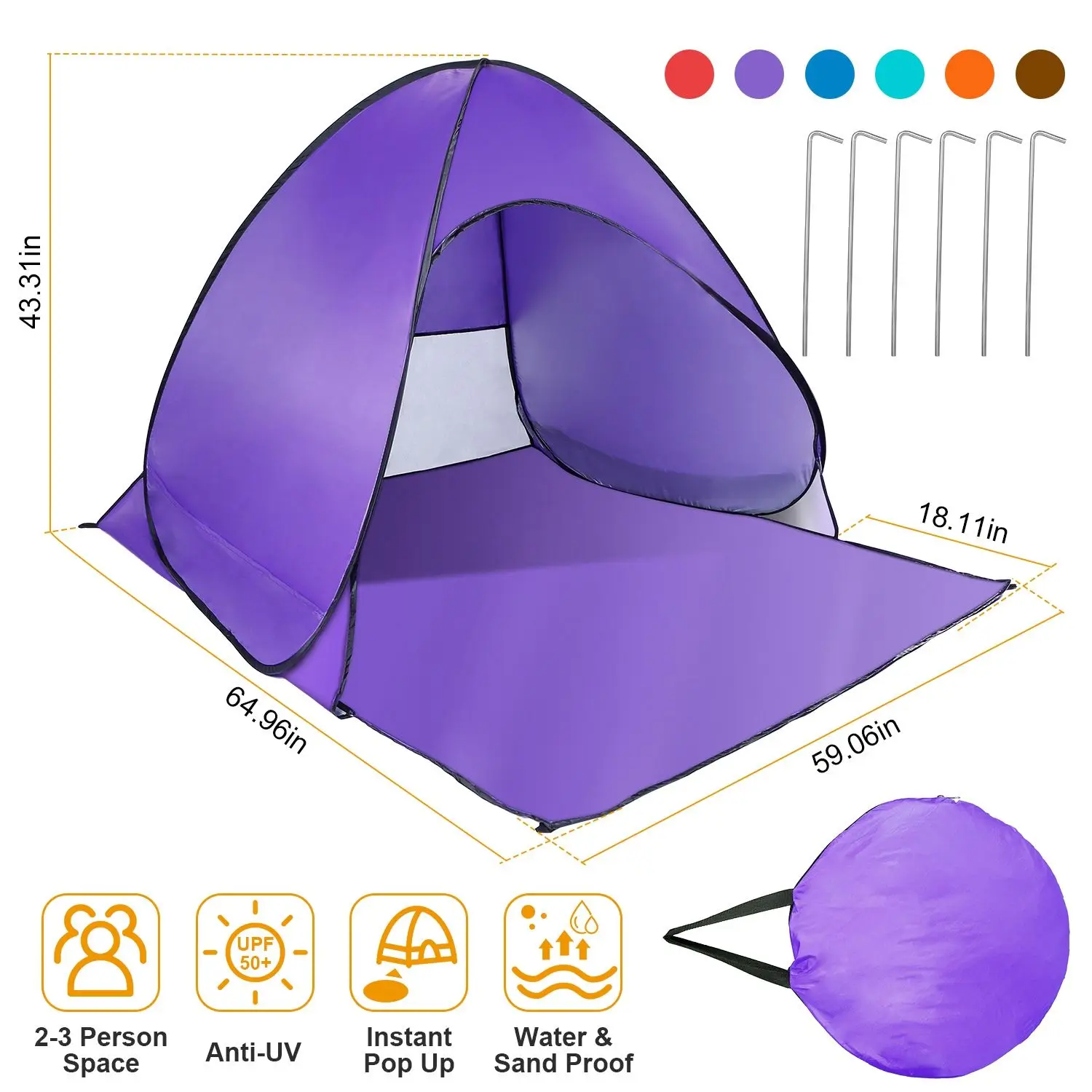 

For Pop Up Beach Tent Sun Shade Shelter Anti-UV Automatic Waterproof Tent Canopy for 2/3 Man w/ Net Window Storage Bag
