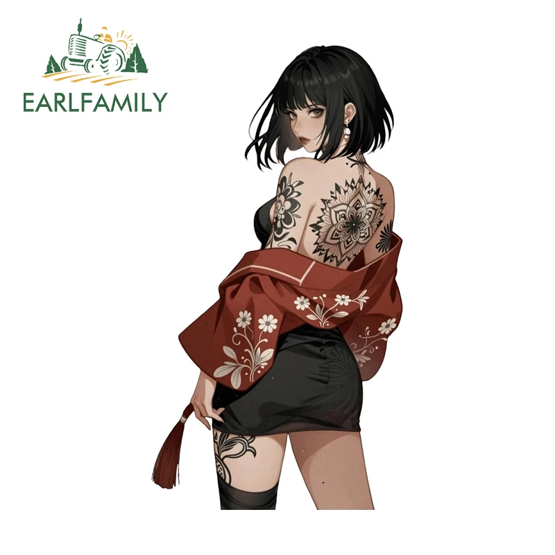 EARLFAMILY 13cm x 10.1cm Flowers Tattoo Girl Car Sticker Funny Long Sleeved Retro Caravan Printing Decal Sunscreen Bumper Decor