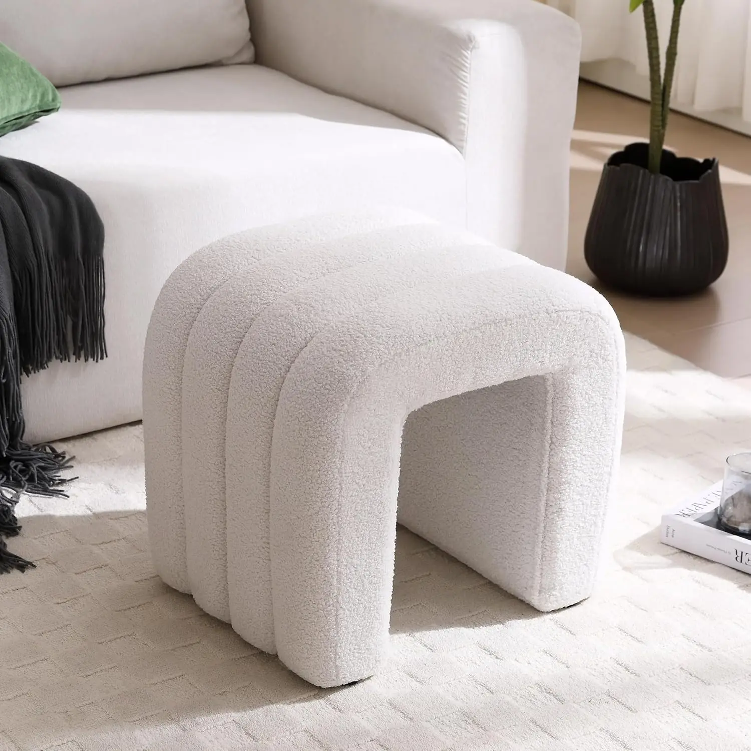 

Onevog White Pouf Ottoman, Foot Rest For Couch 18 Inch Cute Vanity Chair For Makeup, Soft Boucle Fabric And Sturdy Frame,