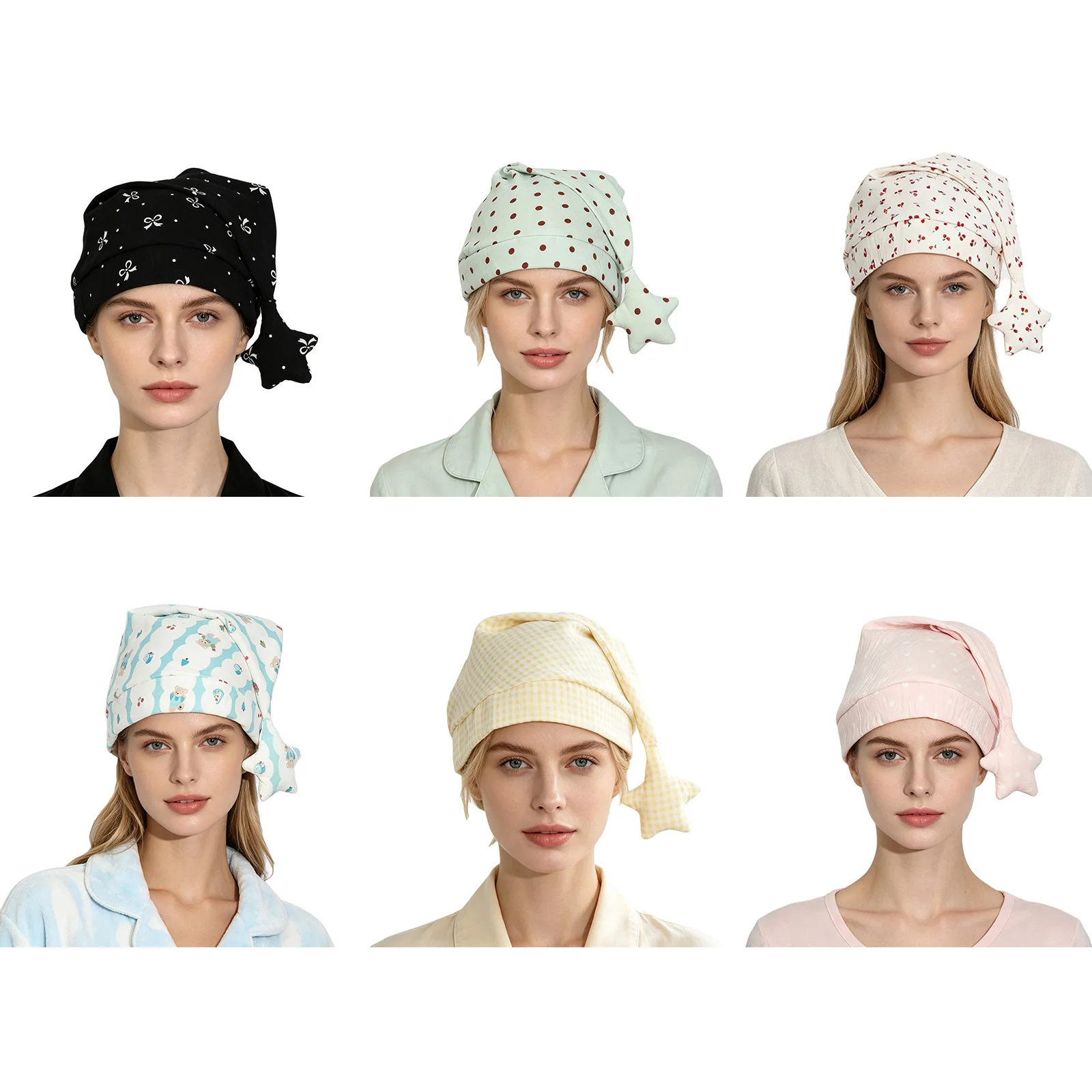 Women Cute Printed Nightcap Sleeping Hat with Star Pendant for Home Bedroom Travel Air-conditioned Room