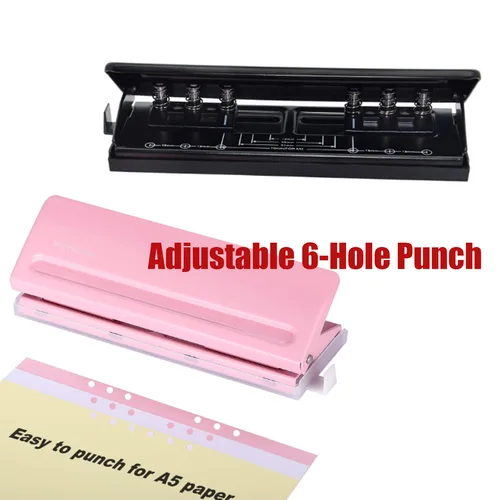 Imagen 1 del producto Perforadora ajustable de 6 agujeros con marca de posicionamiento, perforadora de papel diaria negra y rosa para A5 para A4 / A5 / A6 / Personal / Tamaño de bolsillo