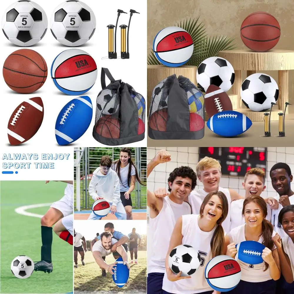 

Official Size 6-Piece Sports Balls Set: Soccer, Basketball, Football with Pump and Bag for Teens and Adults