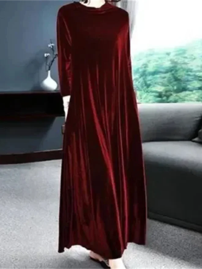 Elegant Velvet Long Sleeve Dresspile Neck Design Slimming Belly Covering Mid-Length A-Line Skirt for Women Autumn Spring