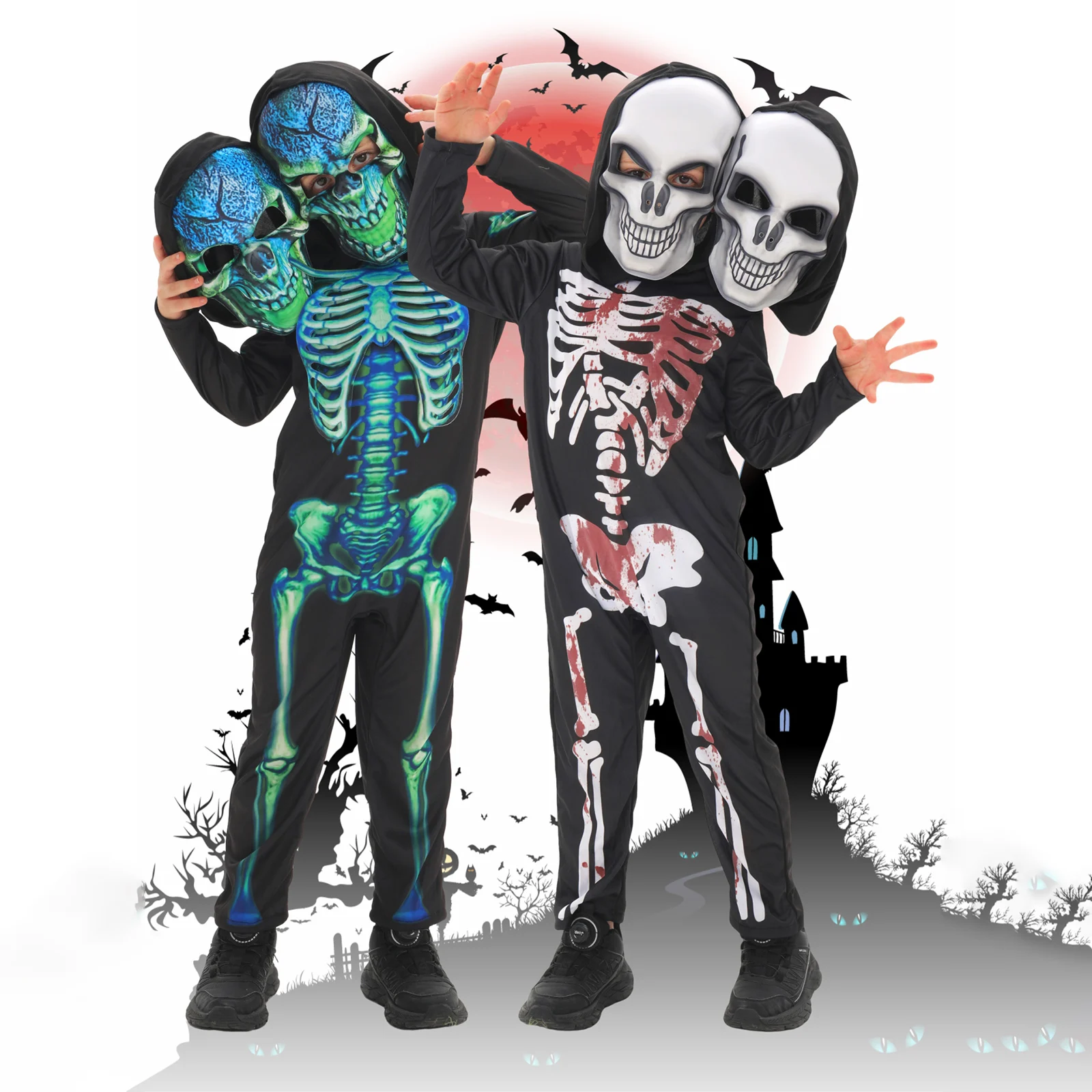 

Детские костюмы на Хэллоуин с длинными рукавами и капюшоном, косплей, ролевая игра, комбинезон со скелетом и двойной головкой