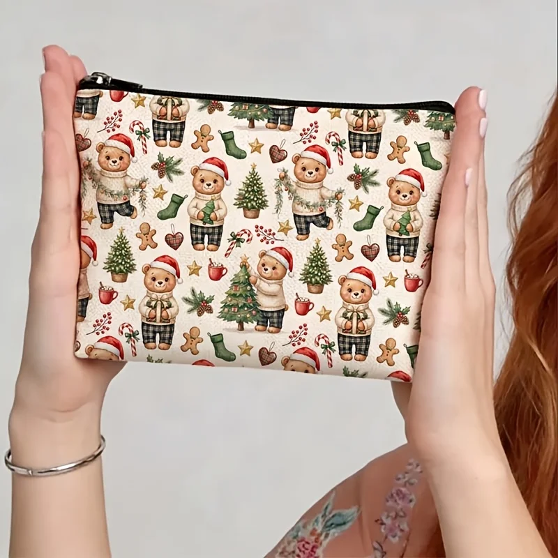 Christmas Teddy Bear Makeup Bag Zipper Cosmetic Pouch Xmas Bear Santa Hat Tree Gingerbread Print Portable Storage Purse Gift