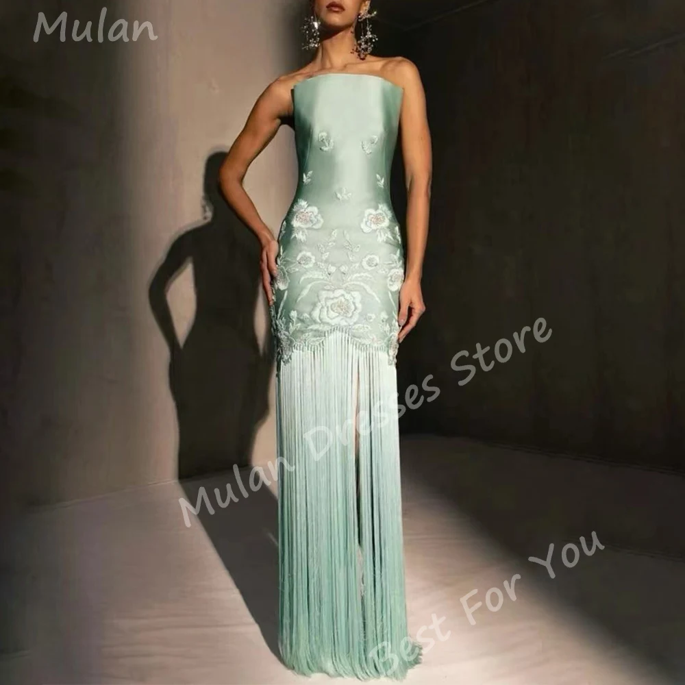 Customized Long Embroidery Tassel Evening Dresses for Women Strapless Floor-Length Mermaid Special Events Prom Wedding Dress