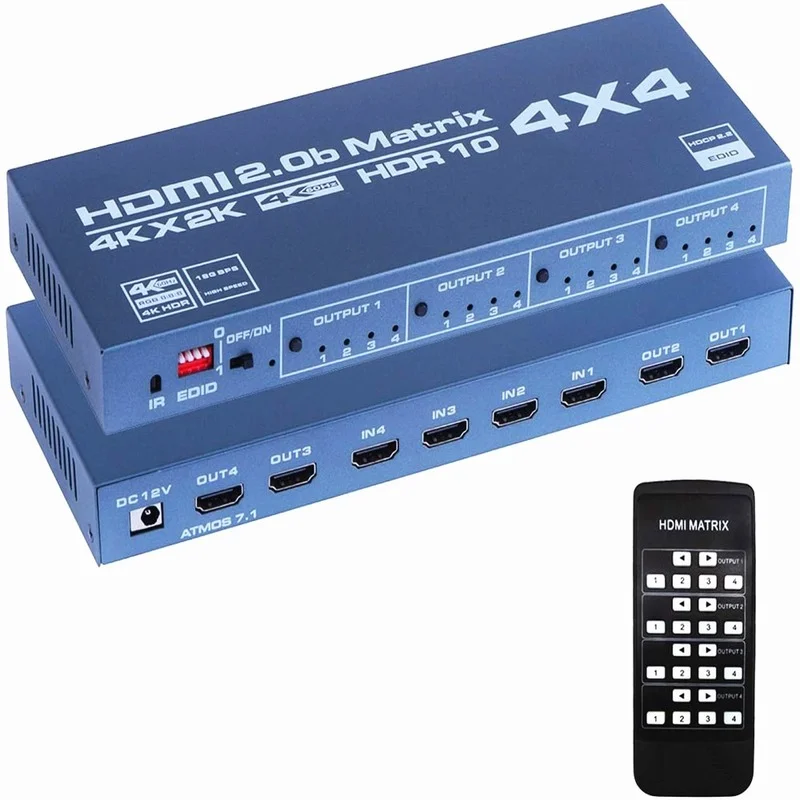 Interruptor Matrix 4x4 compatible con HDMI, divisor de conmutador matricial 4 en 4, caja de salida con Extractor EDID y Control remoto IR