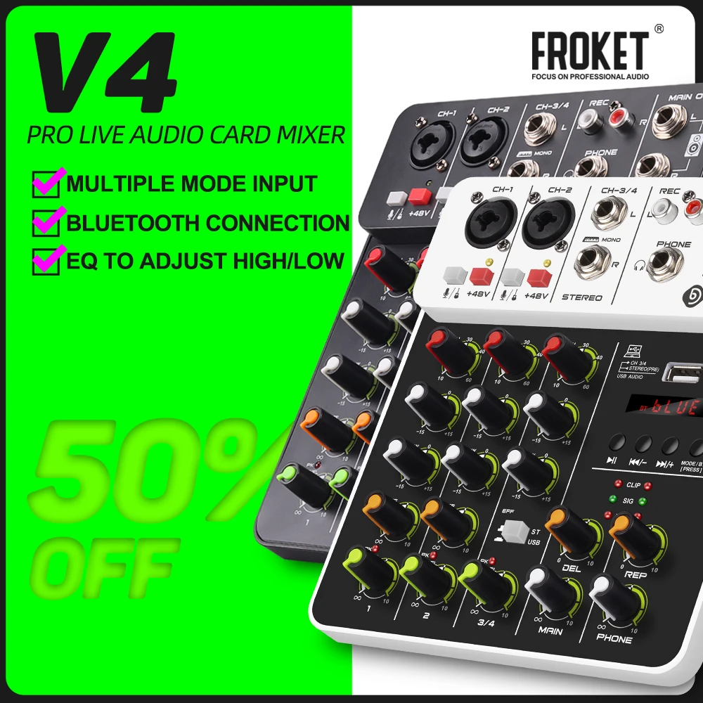 FROKET V4 جهاز مزج الصوت DJ تحكم خلط بلوتوث فانتوم تأخير الطاقة تكرار تأثير لوحدة التحكم خلط الصوت تسجيل الكمبيوتر