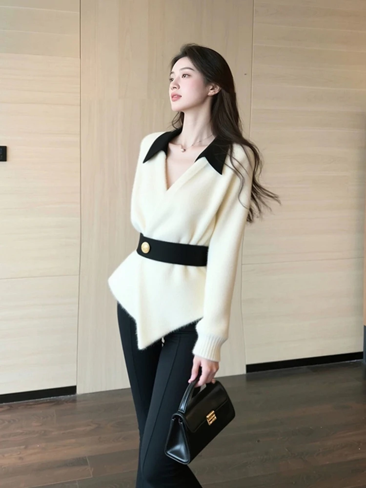 Ele Collar Color Blo Knitwear Long Sve Bequemer Damen-Irt-Sli Lazy Feel Winter Faion Commute Sle