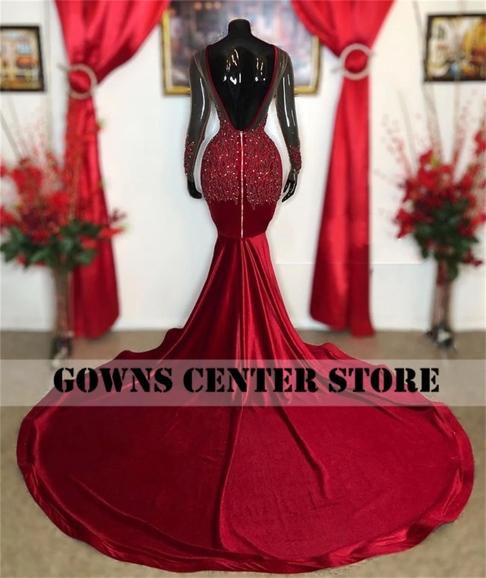 Gaun Prom Velvet Appliques Manik-manik Elegan Gaun Mewah Lengan Panjang Gaun Malam Elegan untuk Pesta Pernikahan Putri Duyung Gadis Hitam