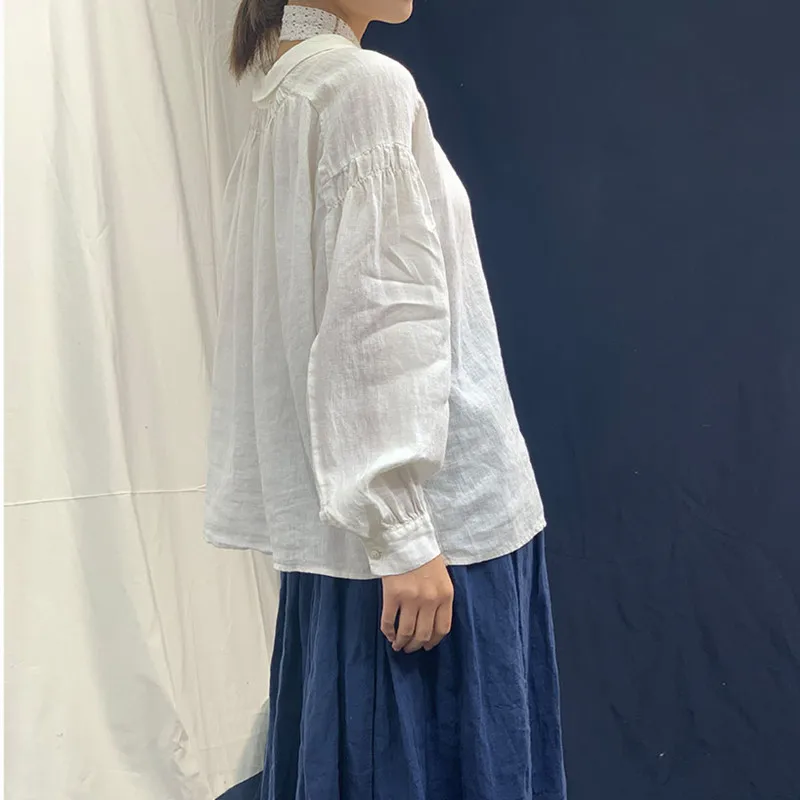 Johnature New Vintage Cotton Linen Loose Bandage Loose Women Shirts 2024 Summer Turn-down Collar Lantern Sleeve 3 Colors Blouses