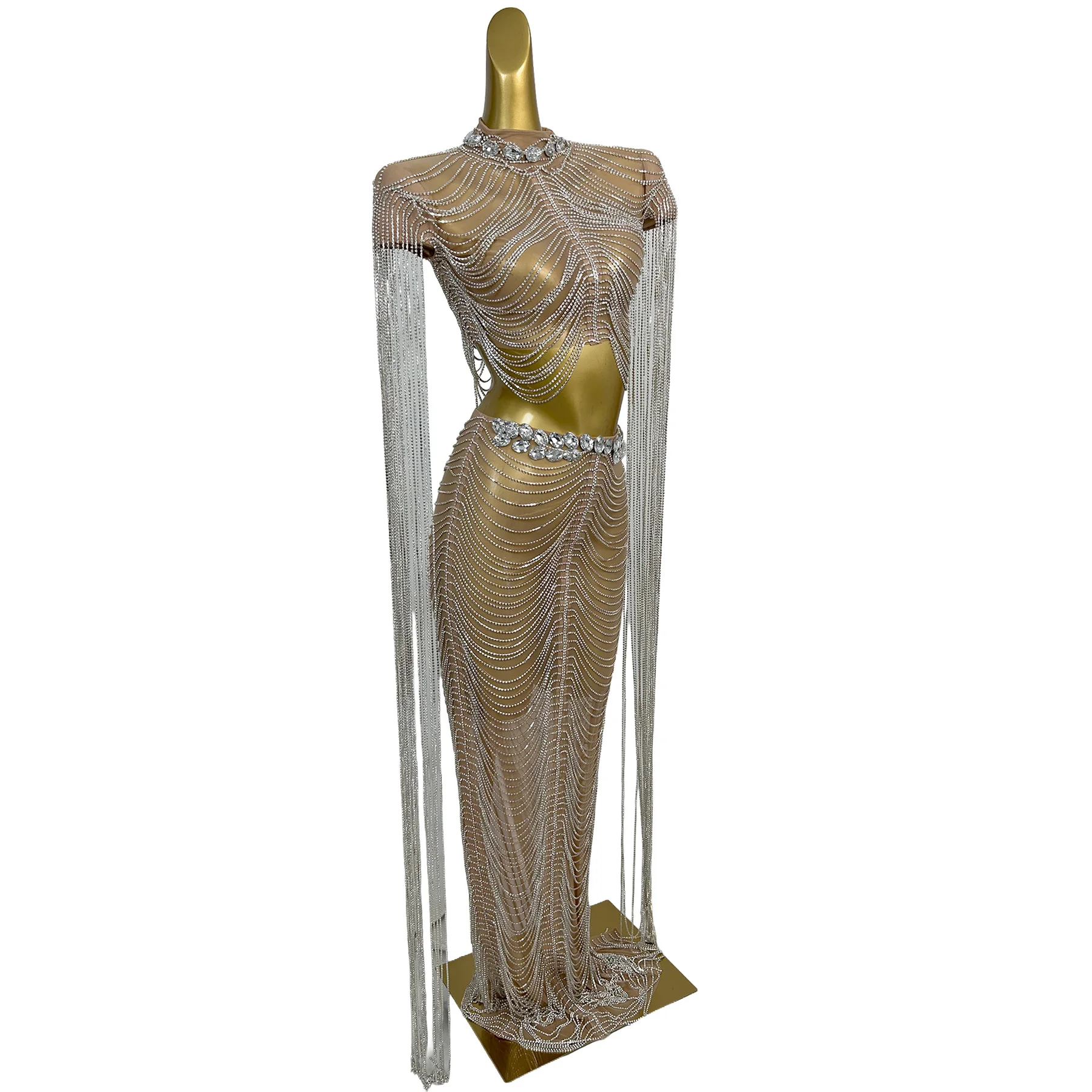 Sexy See Through Rhinestone Chains Tassel Top Long Skirts 2 Piece Sets Women Night Club Singer Stage Outfit Evening Party Dress