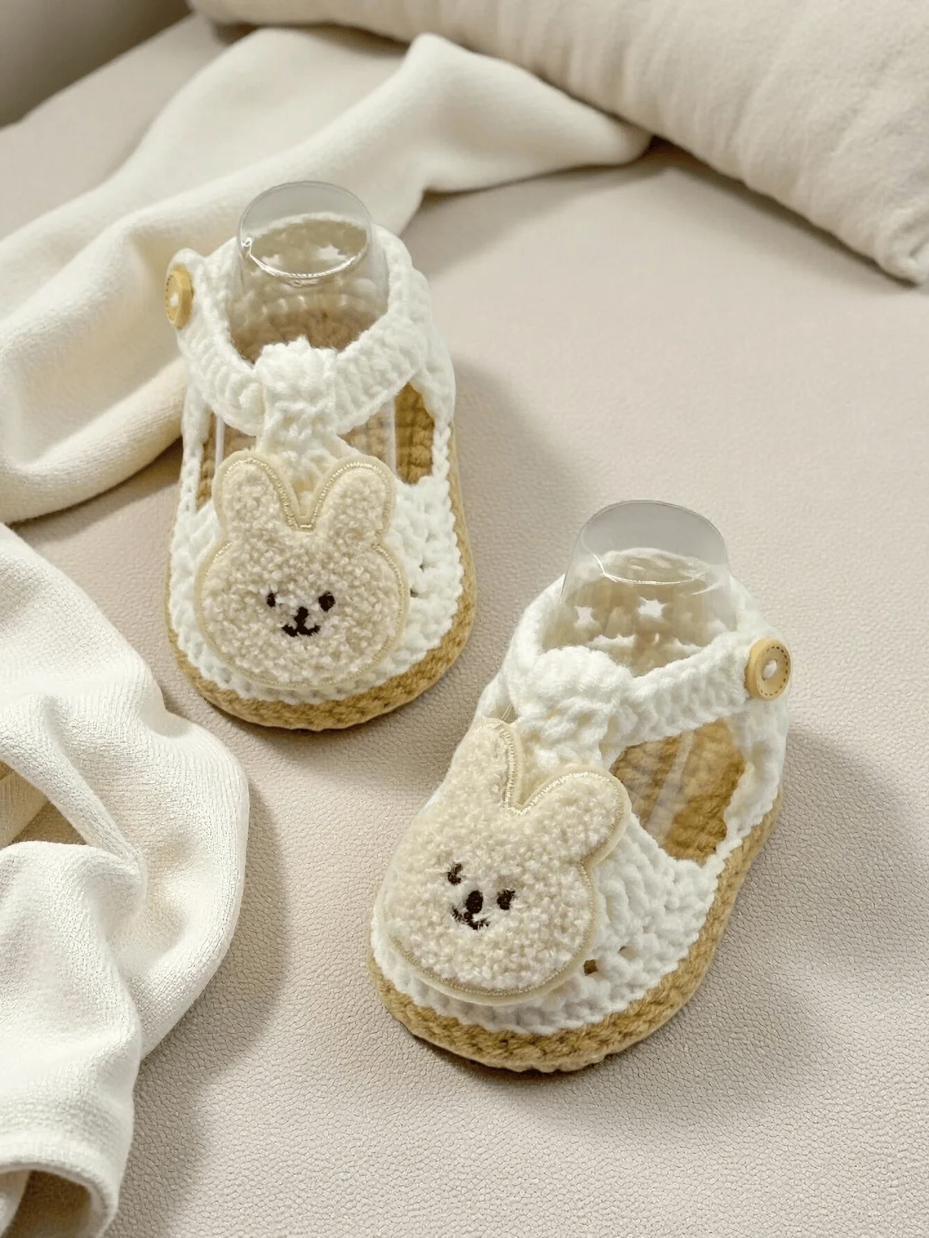 1 Pair Knit Baby Booties with Cute Rabbit Embroidery, White, Soft Crochet Infant Shoes with Button Strap