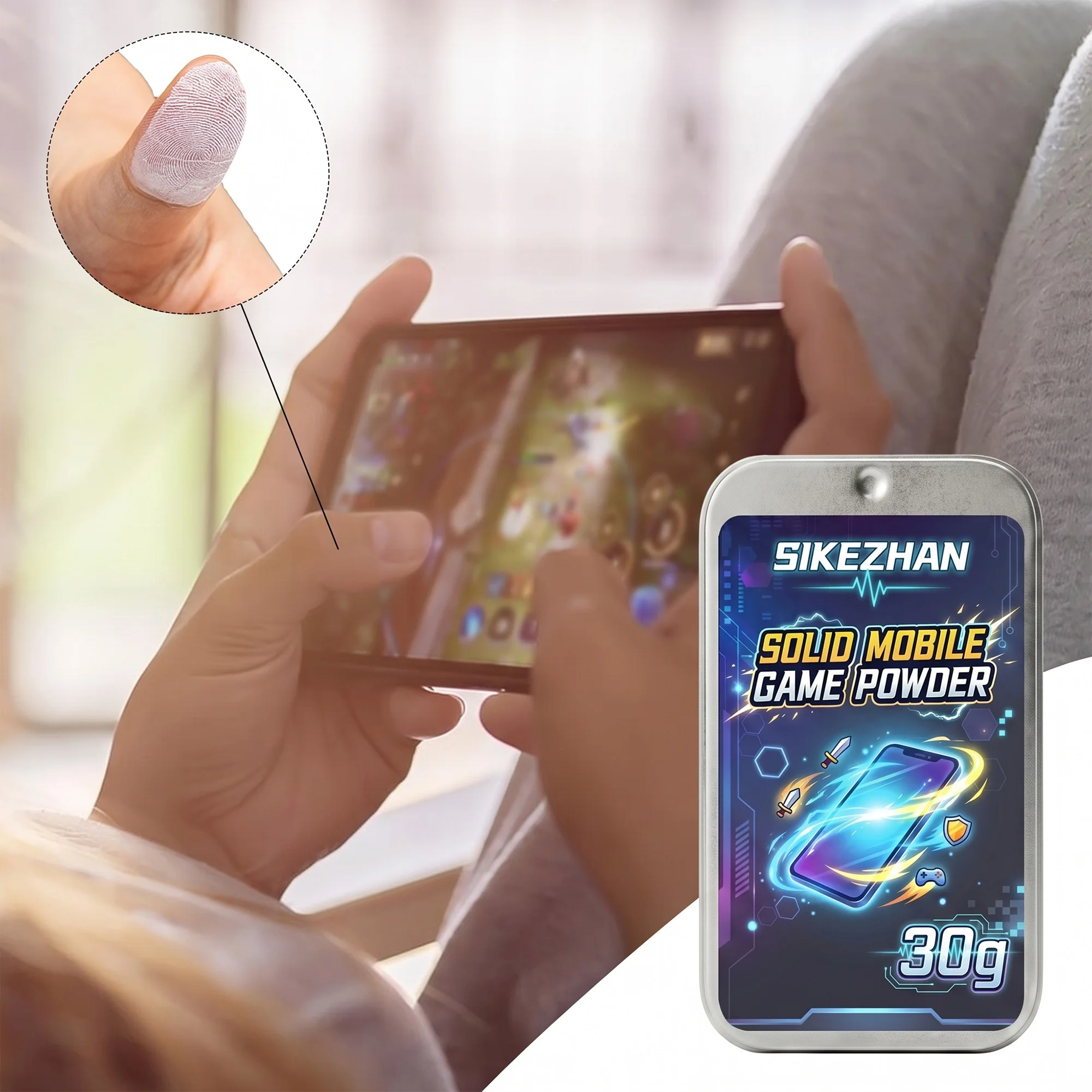 SIKEZHAN Solid Mobile Gaming Grip Powder to Combat Sweaty Hands & Enhance Precision, 30g Portable Tin for Esport, Phone Game