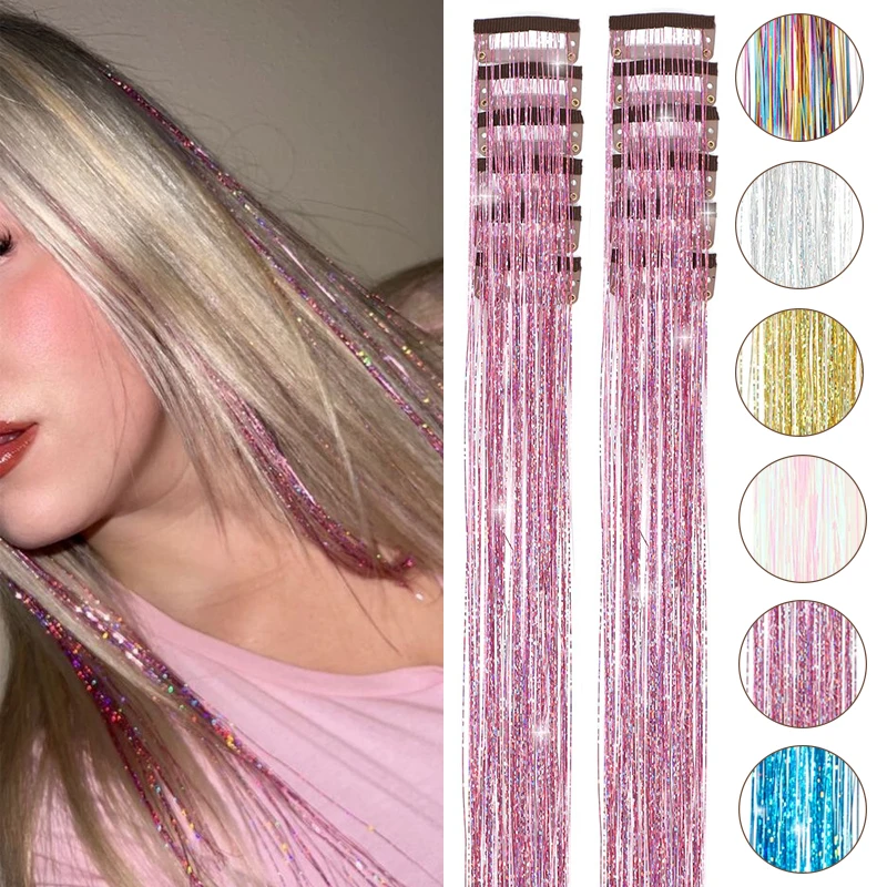 

Hair Tinsel 12Pcs Clip in Hair Tinsel Extensions Kit 20inch Colorful Shiny Tinsel Hair for Girls Kids Christmas&Festival Use